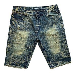 Kroix Jean Denim Shorts Mens 38 (39") Distressed Acid Wash Relaxed Faded Raw Hem
